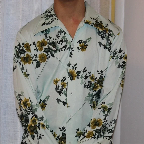 Vtg 1970s Mr. Jan Teal Green Floral Polyester Long Sleeve Disco Shirt Men’s L - Picture 4 of 10
